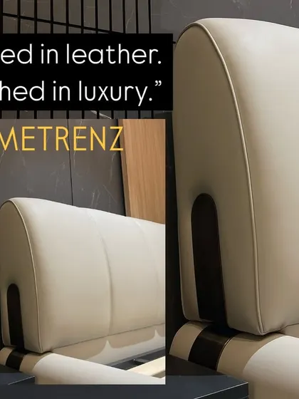 Wrapped in leather, drenched in luxury. A close-up of a custom-made bed with a plush, off-white leather headboard, showcasing the quality of my bespoke furniture.