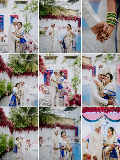 A comprehensive collage of a Maharashtrian wedding, showing couple portraits, candid moments, and details.