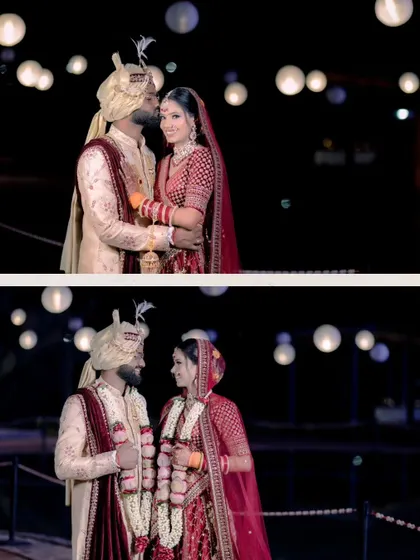 A diptych capturing the couple's romantic moments, including a tender kiss on the forehead.