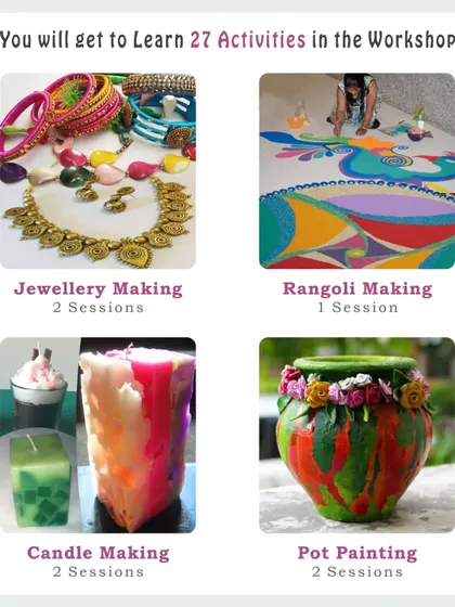 Learn popular crafts like Jewellery Making, Rangoli, Candle Making, and Pot Painting in our multi-activity workshop. It's a great way to discover new hobbies and skills.