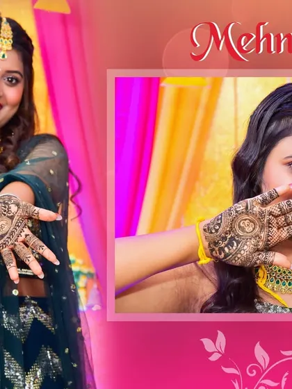 A wedding album layout for a Mehndi ceremony, showcasing the bride's beautiful henna designs.