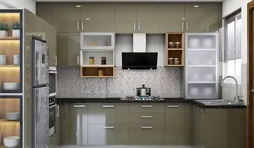 This modular kitchen design features glossy olive-green cabinets, a patterned backsplash, and integrated appliances. The mix of open and closed storage provides both functionality and display opportunities.