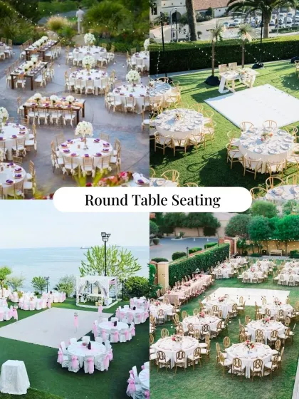 Classic round table seating is perfect for receptions, encouraging conversation among guests. We customize the setup to match your theme, whether it's on a lawn or by the sea.