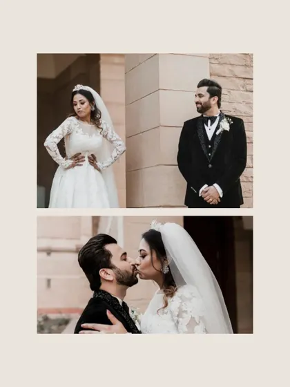 A collage showing both a playful and a romantic moment between the bride and groom, highlighting their chemistry and elegant wedding attire.