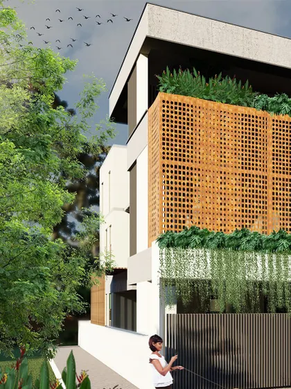This design option for a home in JP Nagar features a prominent wooden *jaali* screen that provides privacy and texture. Cascading greenery from the upper levels and a simple slatted gate create a minimal yet warm aesthetic.
