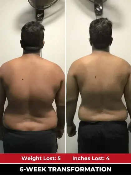 The back view of Syed's transformation highlights the changes in his physique after six weeks of consistent effort.