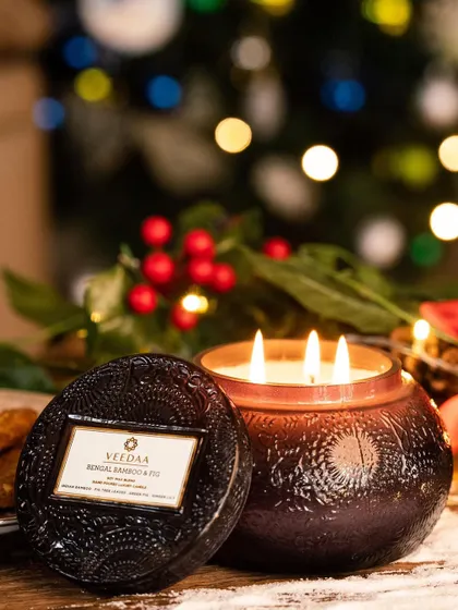 Immerse your senses in the festive feeling with our Bengal Bamboo & Fig candle. The rich, dark engraved jar adds a touch of mystery and elegance to your holiday decor.