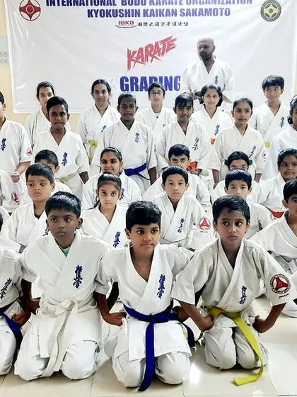 A group photo from our 66th Bangalore Grading event. Each belt represents a new level of understanding and commitment to the art of Kyokushin.