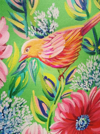 A duplicate of image 16, showing a detailed shot of the bird in my floral acrylic painting.