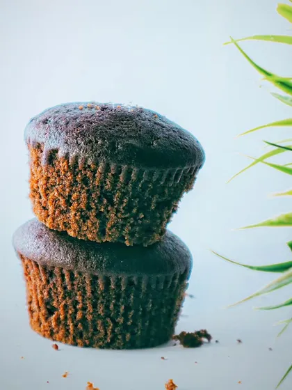 Two stacked chocolate muffins against a simple, light blue background with a green plant. This minimalist and slightly artistic composition is great for modern social media feeds.