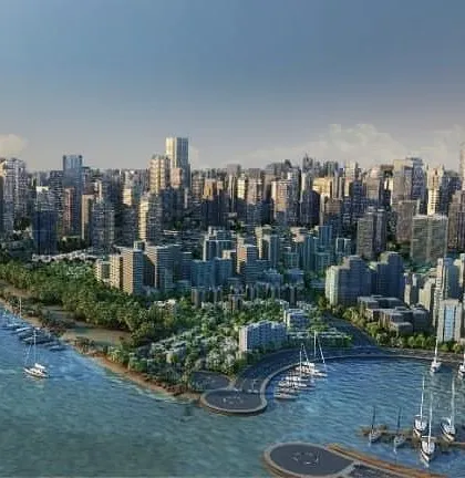 A 3D rendering depicting a large coastal city skyline. This type of visualization is used for urban planning and demonstrating the potential impact of new developments on a city scale.
