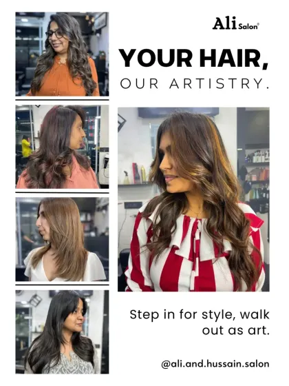 A collage showcasing my artistry on different clients. It features a variety of styles, including wavy layers, straight cuts, and rich hair colors, proving that every client walks out as a work of art.