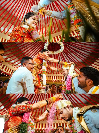 A collage of vibrant moments from the wedding ceremony, showing the energy and colors of the day.
