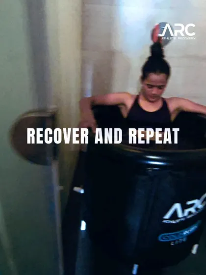 Train with purpose. Take it into the game. Recover and repeat. This image of an athlete in an ice bath captures the cycle of high performance, where recovery is as crucial as the training itself.