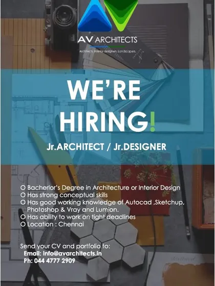 A clear and concise ad from AV Architects in Chennai for a Junior Architect or Designer, requiring a Bachelor's degree and strong conceptual skills.