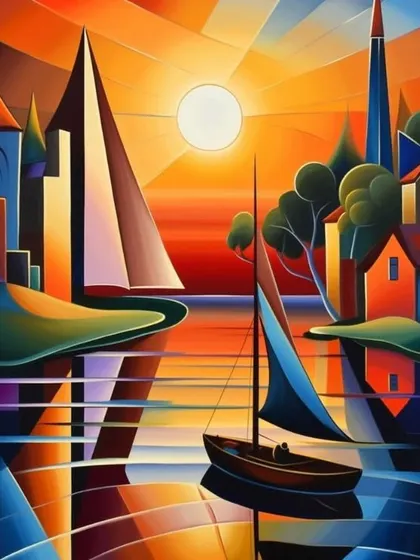 This contemporary landscape uses bold geometric shapes and a vibrant sunset palette to create a dynamic and modern scene. It's an affordable and stylish piece perfect for gifting or adding a pop of color to your own space.