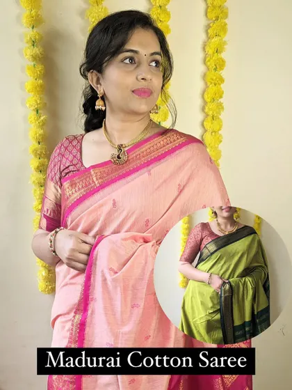 Another look at the variety available in our Madurai cotton sarees, known for their rich borders and traditional charm.