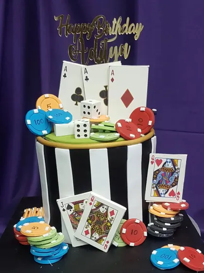 A closer look at one of my casino-themed cakes. This design features a striped base, edible playing cards, and stacks of colorful poker chips, perfect for a high-stakes birthday celebration.