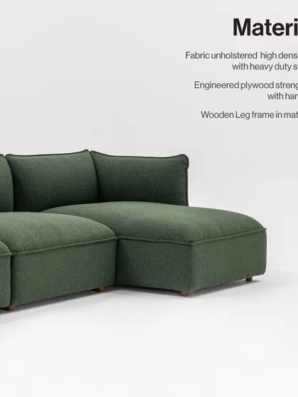 This image details the premium materials of the Copenhang Sofa, from the fabric-upholstered high-density foam to the engineered plywood frame and solid wood legs. Every component is chosen for durability and elegance.