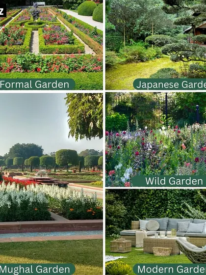 A collage showcasing different garden styles I can create, from formal gardens with structured hedges to wild gardens with a mix of colorful flowers, and serene Japanese-inspired spaces.