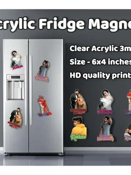 Our acrylic fridge magnets are made with 3mm clear acrylic and HD quality printing. We can cut them into any shape based on your photo.