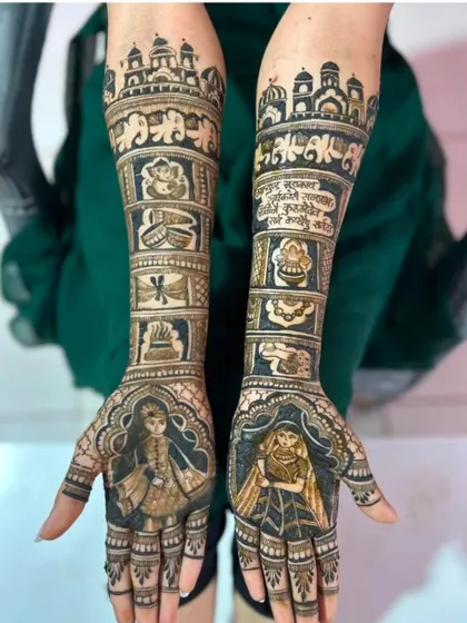 A client's testimonial is included in this design, written in Hindi script on the arm. This shows my ability to incorporate text and personal messages into the mehndi.
