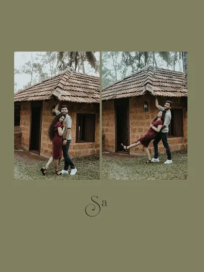 A playful collage of a couple posing against a traditional brick house.
