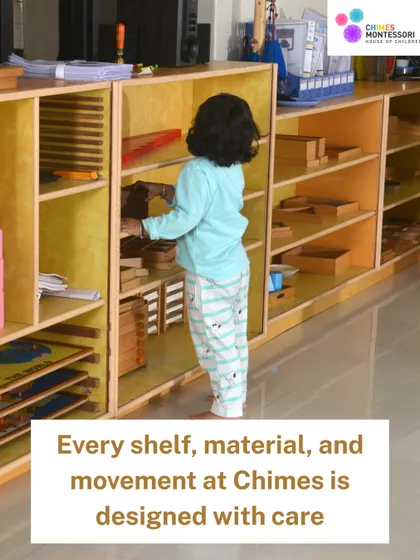 Every shelf, material, and movement at Chimes is designed with care. A child independently chooses her materials, knowing everything has its place.