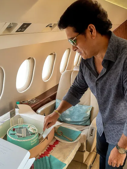 Here is the Master Blaster, Sachin Tendulkar, cutting a custom cricket themed cake on a private jet. It is always a great honor to create something special for his birthday celebrations.