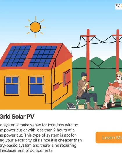 An illustration explaining an on-grid solar PV system. This is ideal for locations with stable power, as it is cheaper than a battery-based system and allows you to reduce bills by sending excess power to the grid.