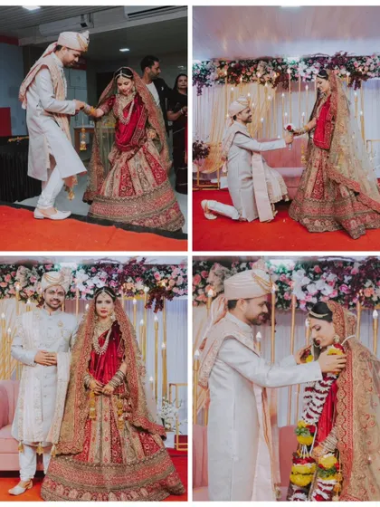 A sequence of events from the wedding stage, including the groom's proposal, the Varmala exchange, and formal portraits, telling a complete story.