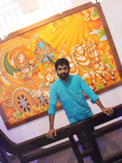 This Geethopadesham mural, depicting Lord Krishna and Arjuna on the battlefield, is a powerful piece for any home. It is a reminder of divine guidance and dharma, captured in the traditional temple art style of Kerala.