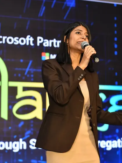 On stage at Tech Melange 2023, a key networking event by Microsoft and Tech Data for software vendors. My role was to keep the agenda moving and the audience engaged throughout the day.