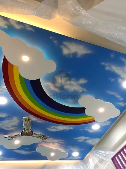 Another angle of the sky-themed ceiling mural, showing how the integrated lighting makes the clouds appear to glow. We can creatively incorporate existing fixtures into our designs.