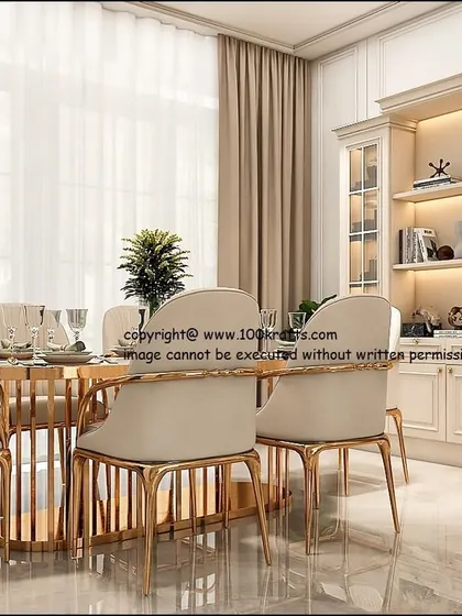 Another view of the elegant dining space, showcasing the bright and airy feel created by the large windows and light color palette.