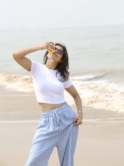 A playful moment on the beach, creating a fun and carefree summer vibe.