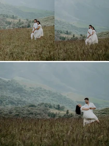 A collage of romantic moments from the couple's pre-wedding shoot in a grassy, mountainous landscape.
