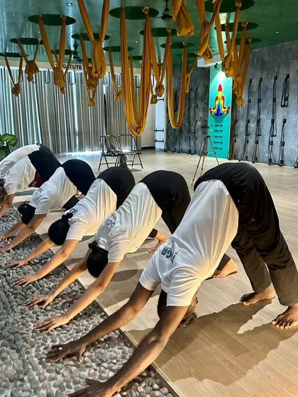 Students in Adho Mukha Svanasana (Downward-Facing Dog) on an acupressure walkway, adding a therapeutic element to a foundational pose.