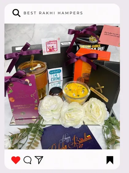A luxurious Rakhi gift set presented on a mirror platter. This hamper includes a personalized wallet, a sipper, and a variety of gourmet snacks.