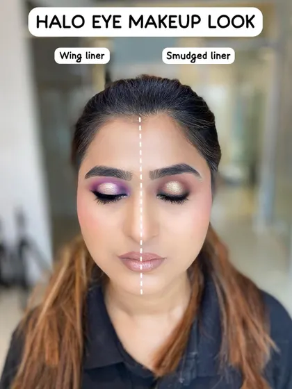 A comparison of a halo eye makeup look with a wing liner versus a smudged liner. This shows how a small change in technique can alter the entire shape and feel of the eye makeup.