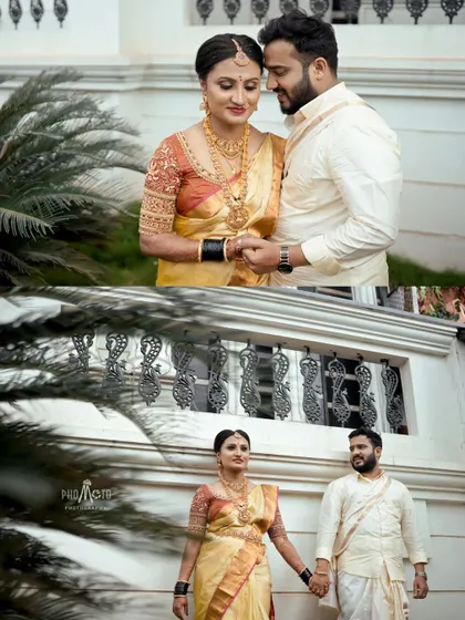 A collage of the couple posing elegantly outside a grand white building, showcasing their classic wedding style.