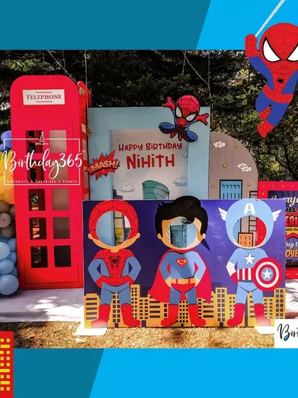 An interactive superhero photo booth for Nihith's party. Kids could pose as their favorite heroes like Spider-Man, Superman, and Captain America, creating fun and memorable pictures.