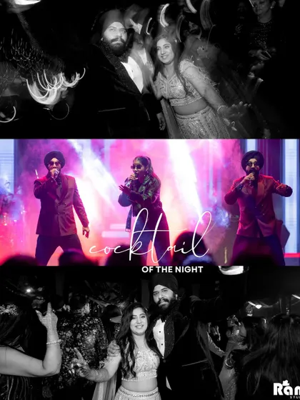 This collage captures the vibrant energy of a cocktail night and engagement party. It blends candid dancing shots with a central image of the live performers, telling the story of a night full of music and celebration.