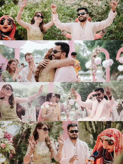A collage of pure energy and fun from a Mehendi ceremony, complete with dancing, sunglasses, and traditional Rajasthani puppets, showing the vibrant fusion of cultures.