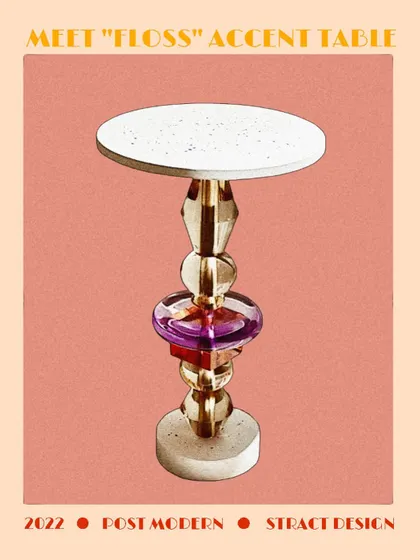 A retro-styled poster for our "Floss" accent table. This image captures its post-modern essence, with a colorful acrylic leg and a terrazzo top, perfect for adding a quirky touch to your decor.