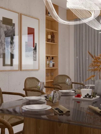 A dining room from our 'Wicker World' series, where natural wicker chairs and abstract art create a Japandi-inspired, earthy ambiance.