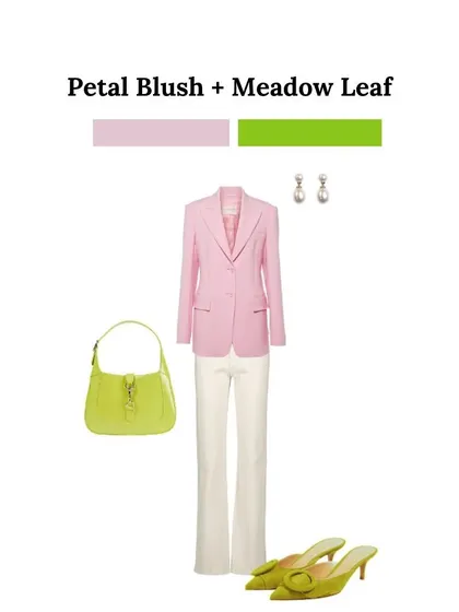 Another beautiful combination is petal blush and meadow leaf. This pairing is romantic and grounded. Think a soft pink blazer paired with white trousers and a leafy green bag for a perfect brunch look.