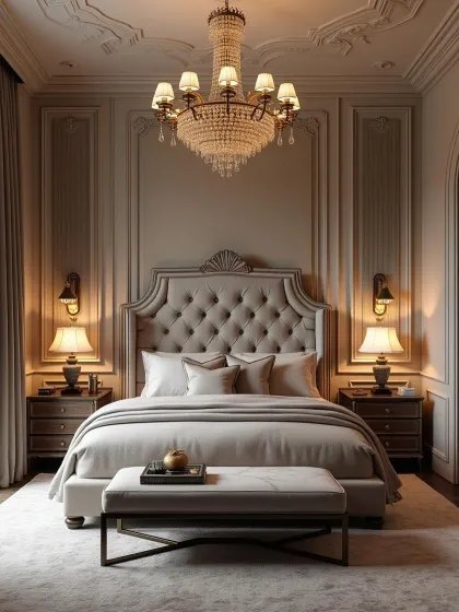 A symmetrical neoclassical bedroom design with a statement crystal chandelier, matching bedside lamps, and a beautifully crafted tufted headboard. The look is timeless and elegant.