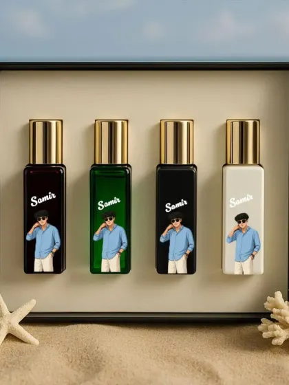 A gift that's both personal and sophisticated. This set features four Denver perfumes in a premium gift box, where each bottle can be customized with a unique photo and name, making it a one-of-a-kind fragrance collection.
