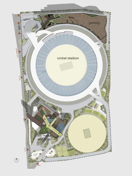 A detailed site plan illustrating the zoning for the cricket stadium, club hotel, and parking areas.